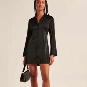 NWT Abercrombie and Fitch Long Sleeve Satin Black Shirt Mini Dress